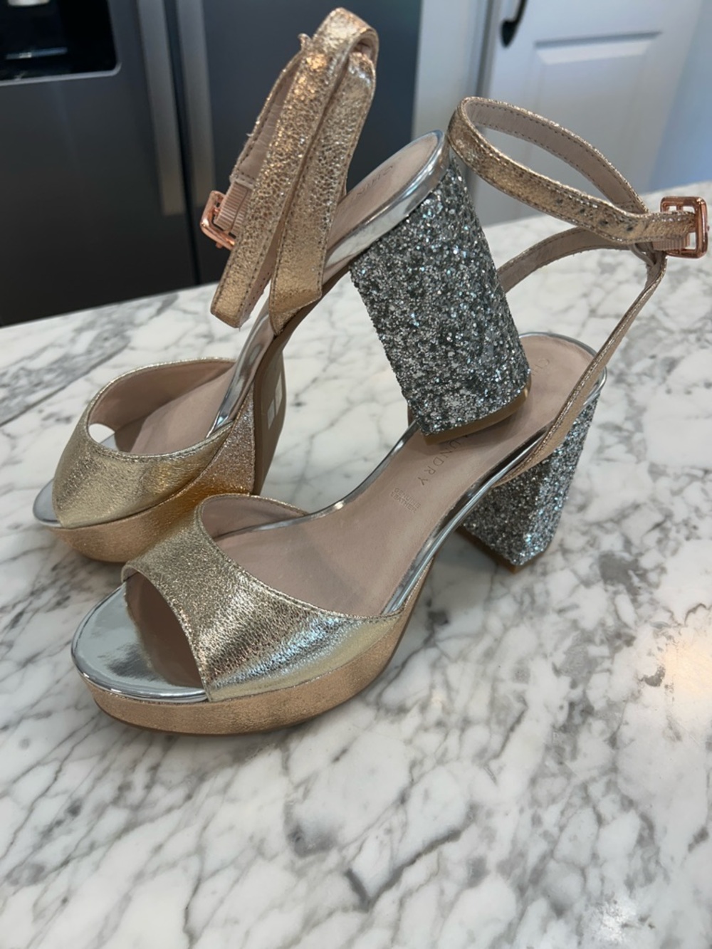 Chinese Laundry Gold & Rose Gold Platform Sandals with Silver Glitter Block Heel
